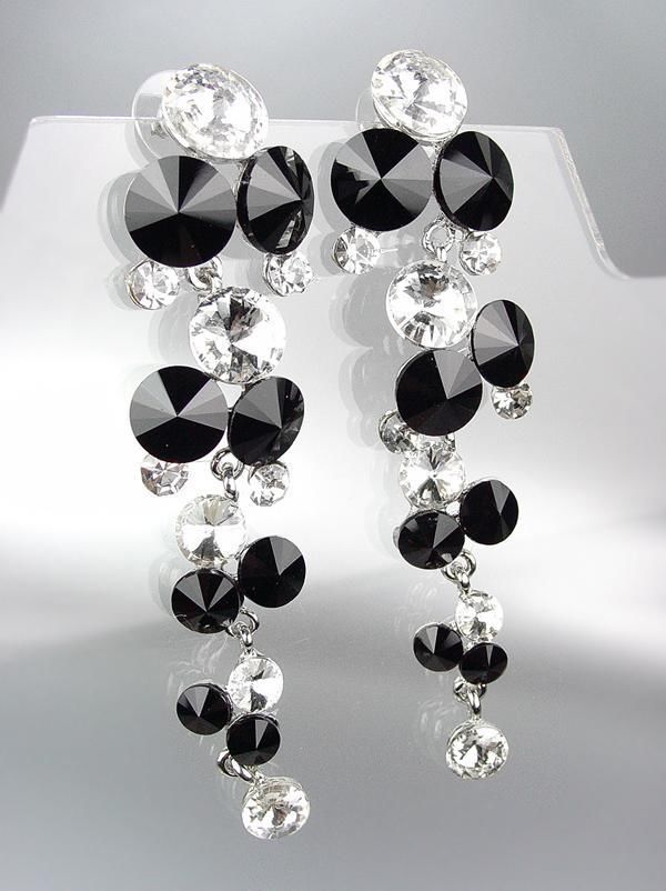 EXQUISITE Black Clear Czech Crystals WATERFALL Long Dangle Earrings
