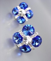 GLITZY Sapphire Blue Czech Crystals Bridal Prom Pageant Queen CLIP Earrings - £19.46 GBP