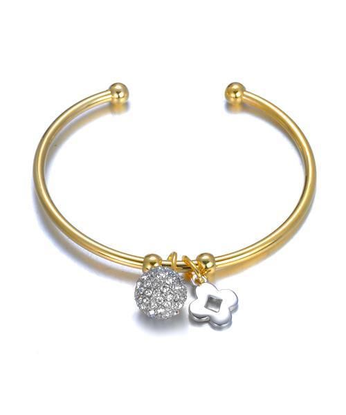 Designer Style Pave CZ Crystals Eternity Ball Clover Charms Gold Cuff Bracelet - $23.50