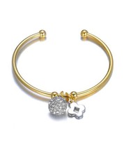 Designer Style Pave CZ Crystals Eternity Ball Clover Charms Gold Cuff Bracelet - £18.88 GBP