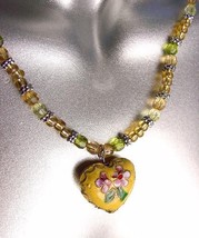 DECORATIVE Yellow Multi Cloisonne Enamel Floral Heart Pendant Necklace - £15.94 GBP