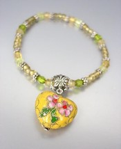 DECORATIVE Yellow Multi Cloisonne Enamel Heart Charm Beads Stretch Bracelet - $16.99