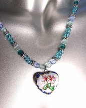 DECORATIVE White Blue Multi Cloisonne Enamel Floral Heart Pendant Necklace - £15.94 GBP