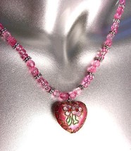 DECORATIVE Pink Multi Cloisonne Enamel Floral Heart Pendant Necklace - £15.81 GBP