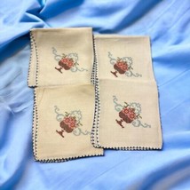 Set of 4 Square Cream With Multicolor Embroidered Napkins Vintage Pink Blue - £16.35 GBP