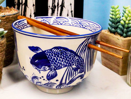 Zen Pond Koi Fish Waterfall Ramen Noodles 5&quot;D Soup Rice Bowl With Chopsticks Set - £16.83 GBP
