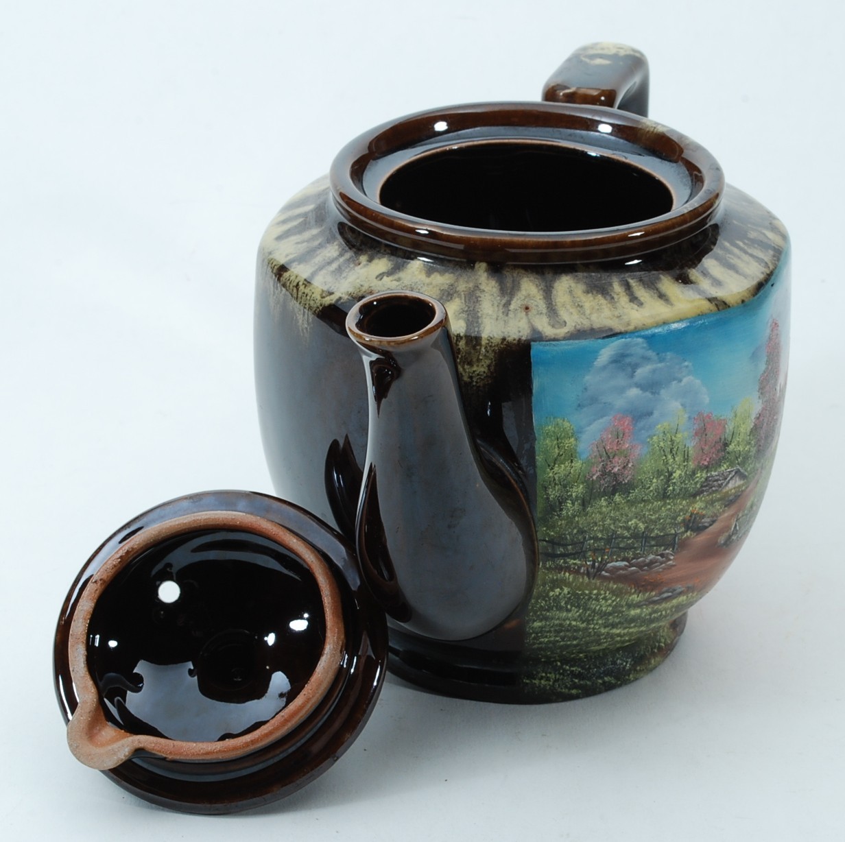 Brown 3.5-Cup Teapot With Handpainted Country Farm Scene Signed Frogue Item image 5