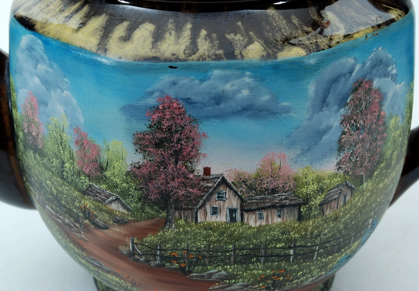 Brown 3.5-Cup Teapot With Handpainted Country Farm Scene Signed Frogue Item image 6