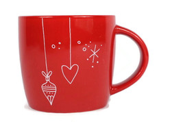 Starbucks Holiday Red Ceramic Coffee Mug Cup White Heart Star Ornament 14 Oz - £11.33 GBP