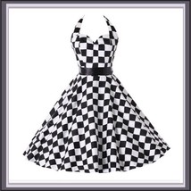 Retro 50&#39;s Rockabilly Swing Back and White Checkered Halter Prom Dress - £78.29 GBP