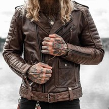 Men biker leather jacket motorcycle designer brown men leather jacket #12 - $210.99