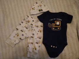 Bon Bebe 0-3 Mo Construction Baby Bodysuit Pants Hat Set I Dig Mommy - £10.99 GBP