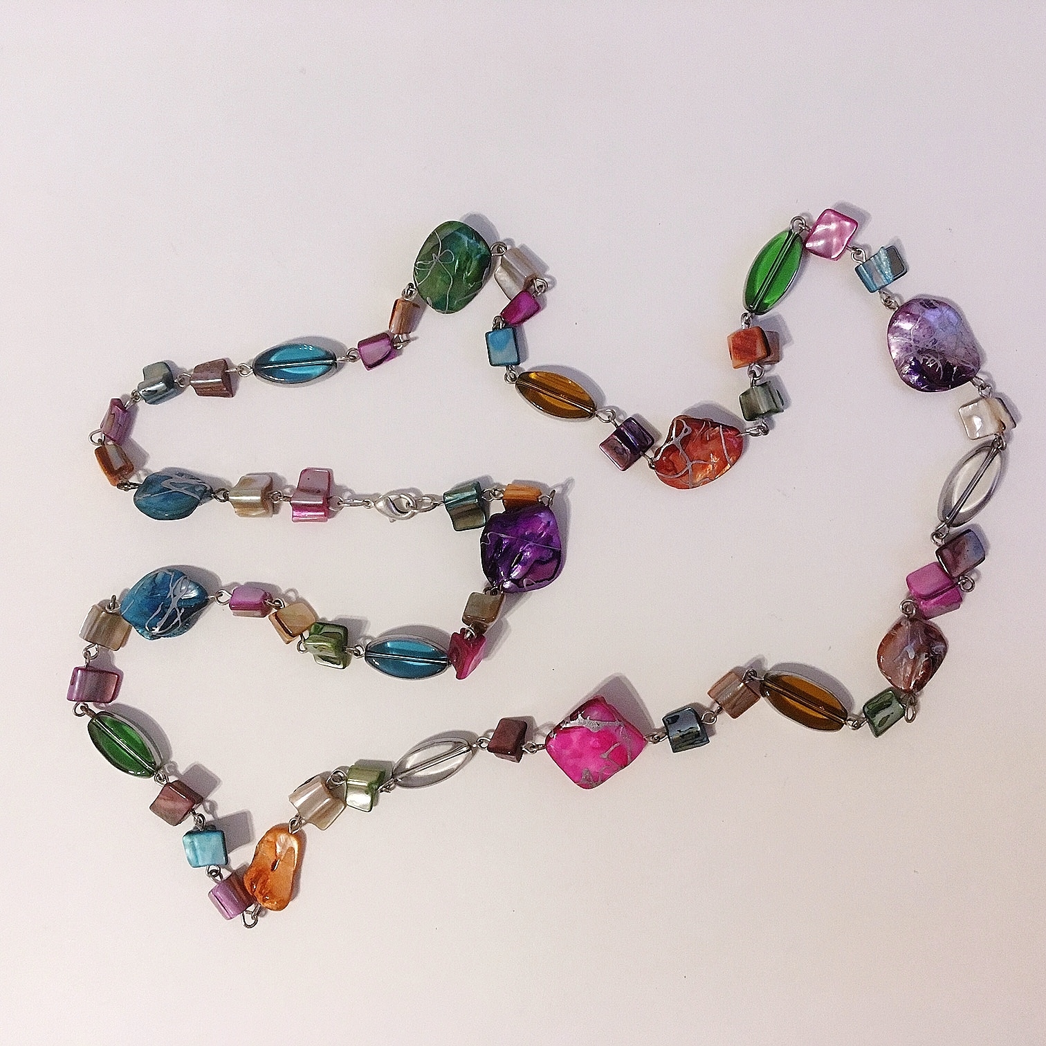 Colorful Necklace Shell Stone Beaded Handmade Silver Metal 36" Long Pink Green - £30.30 GBP