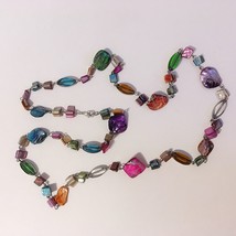 Colorful Necklace Shell Stone Beaded Handmade Silver Metal 36&quot; Long Pink... - £30.85 GBP