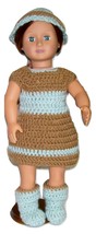 Handmade American Girl 3 Piece Brown/Blue Crochet Outfit, Dress, Hat, Boots - £17.24 GBP