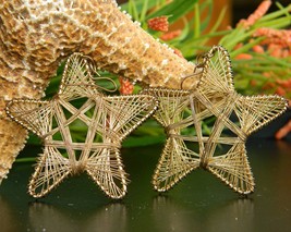 Vintage Star Earrings Wire Wrapped Large Dangle Pierced Gold Tone - $19.95