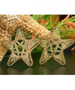 Vintage Star Earrings Wire Wrapped Large Dangle Pierced Gold Tone - $19.95