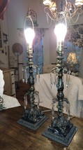 VTG Hollywood Regency Boudoir Lamp Set/Pair Crystal Prisms Marble Bronze Finish - £95.91 GBP