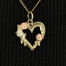 14K tricolor gold open heart floral pendant on 18&quot; gold-filled chain - vtg 80s - £46.86 GBP