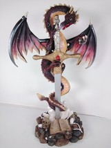Red &amp; Black Dragon w/ Orb &amp; Sword in Stone Medieval Fantasy 9.5&quot; Figure Statue - £15.22 GBP