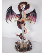 Red &amp; Black Dragon w/ Orb &amp; Sword in Stone Medieval Fantasy 9.5&quot; Figure ... - £15.13 GBP