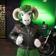 Green Ram mascot costume character dressed with a Moto Jacket and Bow ties - £955.19 GBP