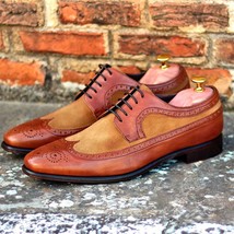 New Handmade Men&#39;s Brown Cowhide Leather Beige Suede Wingtip Derby Dress Shoes - £103.18 GBP+