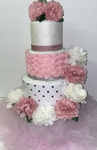 Pink , White and Silver Bling Baby Girl Shower Tutu 4 Tier Diaper Cake Centerpie - £159.84 GBP