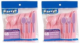 Heavy Duty Plastic Cutlery Set in Pink - 32 Spoons, 32 Forks, 32 Knives - £7.69 GBP