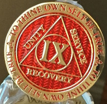 9 Year AA Medallion Red Gold Plated Alcoholics Anonymous Sobriety Chip Coin IX - £14.32 GBP
