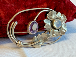 Sterling Silver Brooch 10.35g Fine Jewelry Amethyst &amp; Moonstone Colored Stones - £39.07 GBP