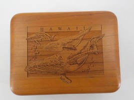 Hawaii Wooden 4X5 Cherry Jewelry Box W J. O&#39; Conner Carved Whales Foam Padding - £18.67 GBP