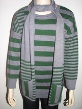 Elio Women Celinc Striped Sweater With Matching Scarf -Green &amp; Gray - $34.99