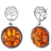 Sterling Silver Baltic Amber Double-Sided Tree of Life Dangle Earrings - £93.81 GBP
