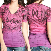 Xtreme Couture Plaster Rose Filigree Womens VNeck T-Shirt Pink Purple NEW S M L - £22.12 GBP