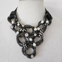 Chunky Black Braided Chain Faux Pearl &amp; Clear Cabachon Necklace - £25.61 GBP