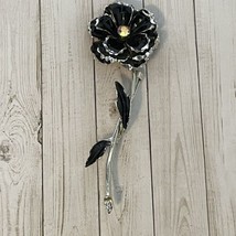 Vintage Designer CORO Black Flower Silver Plated White Rhinestone Brooch... - £10.49 GBP