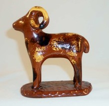 1990 Lester Breininger Glazed Redware Figurine Brown Ram or Goat Yellow Horns - £220.76 GBP