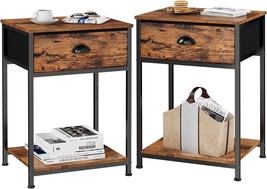 Nightstands Set Of 2, Industrial End Table With Fabric Drawer And Storage Shelf, - £58.06 GBP