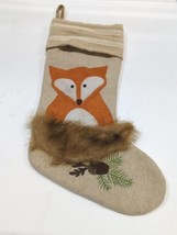 Sly Fox Christmas Stocking Faux Fur  Felt Acorn Tree Embroidery Herringbone 18&quot; - £23.64 GBP