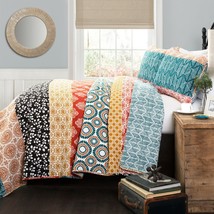 King size Cotton 3 Piece Reversible Teal Orange Bohemian Stripe Quilt Set - £162.30 GBP