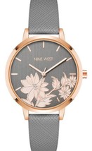 Nine West Floral Dial Saffiano Rose Gold-Tone Case Gray Faux Leather Strap Watch - £23.10 GBP