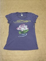 Vtg Ed Hardy Shirt Women’s Large Purple Thrashed Perfectly  Pink Lotus  ... - $23.74
