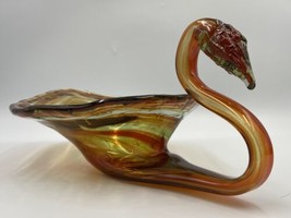 Vintage MCM Hand Blown Sooner Glass Swan Centerpiece Burndt Orange Swirl - £26.46 GBP