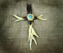 Inspirational Cross of Antler and Turquoise for Country Western Lodge Decor - £16.50 GBP