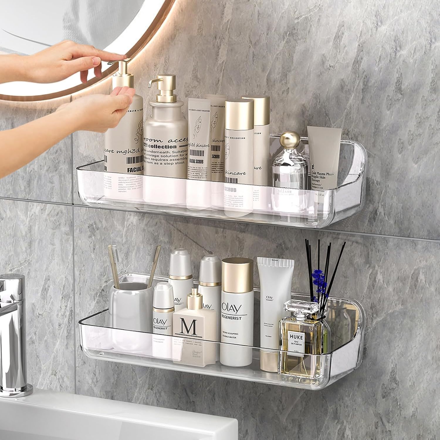 Cgbe 2-Pack Acrylic Shower Shelves, Large Capacity Adhesive Shower Shelf... - $35.98