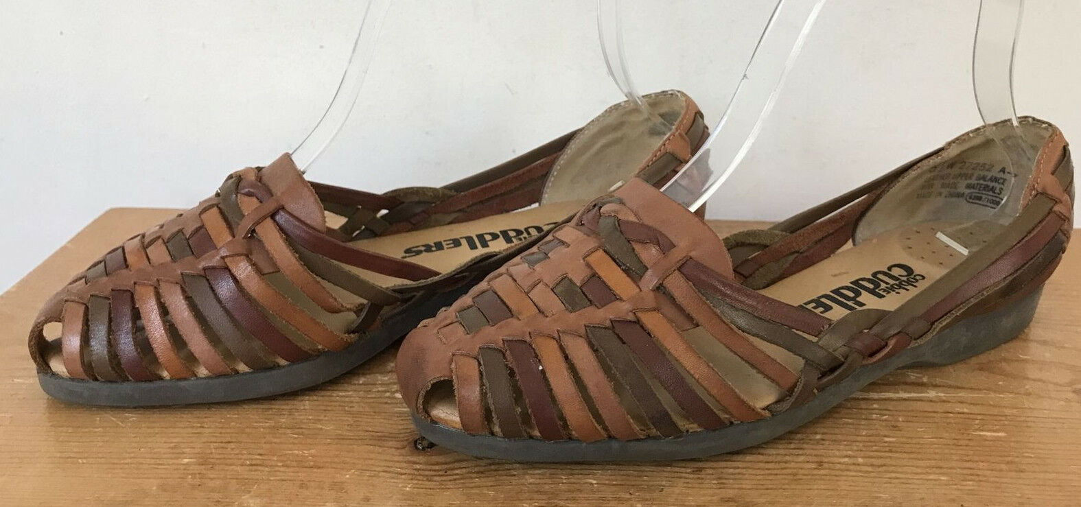 Vintage Cobbie Cuddlers Brown Leather Huarache Woven Slip On Sandals 5.5... - $39.59