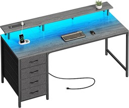 This 55-Inch Computer Desk In Gray Features Power Outlets And Led Lights. It Is - £133.10 GBP