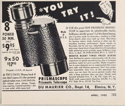 1952 Print Ad Prismascope Prismatic Monocular Telescopes Du Maurier Elmi... - £9.93 GBP