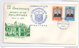 1958 FDC Philippines SC# 644 645 12th Anniv of Republic Thermograph Mala... - $5.52